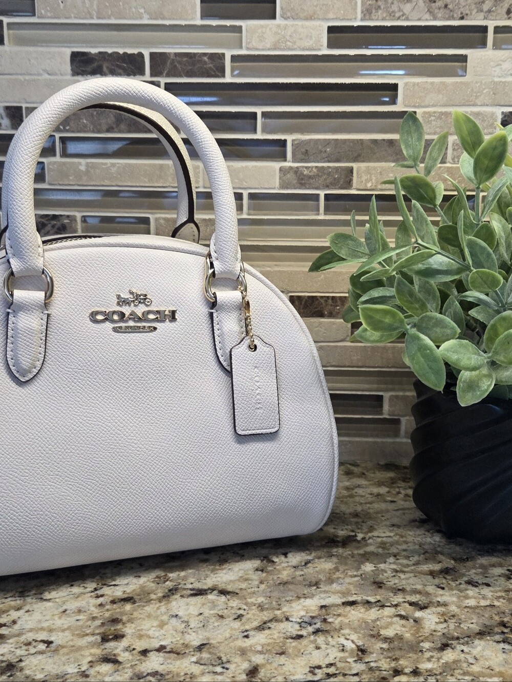 Coach White Textured Leather Mini Satchel with Gold Hardware